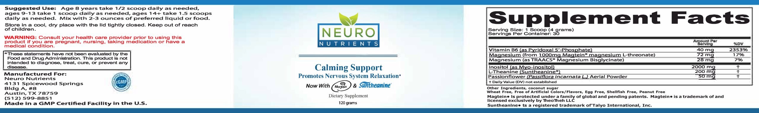 Calming Support powder label